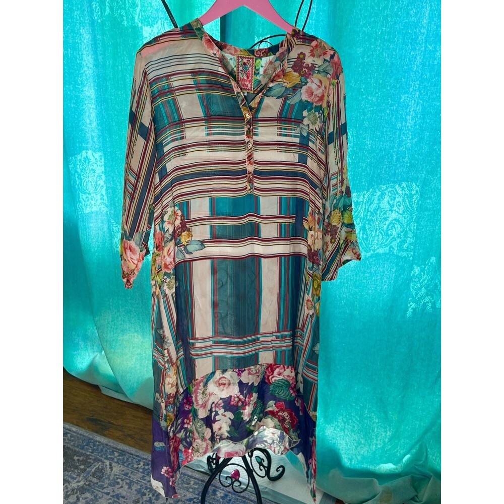 Johnny Was Beautiful Green Pink Beige Soft Midi Dress With Flounce Size Medium